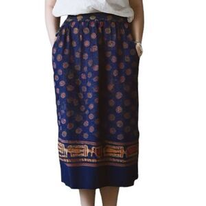 Vintage Karen Scott Navy Blue Corduroy Geometric Print Skirt Elastic Waist Maxi